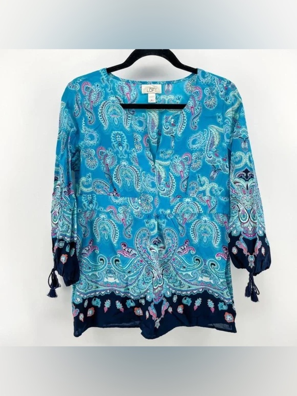 LOFT Turquoise Paisley Split-Neck Tassel Blouse